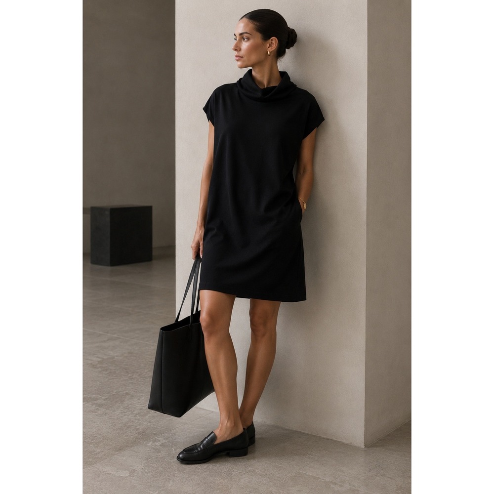 Warehouse Black Cowl Neck Dress Scandinavian Minimalist Quiet Luxury Look US 4
